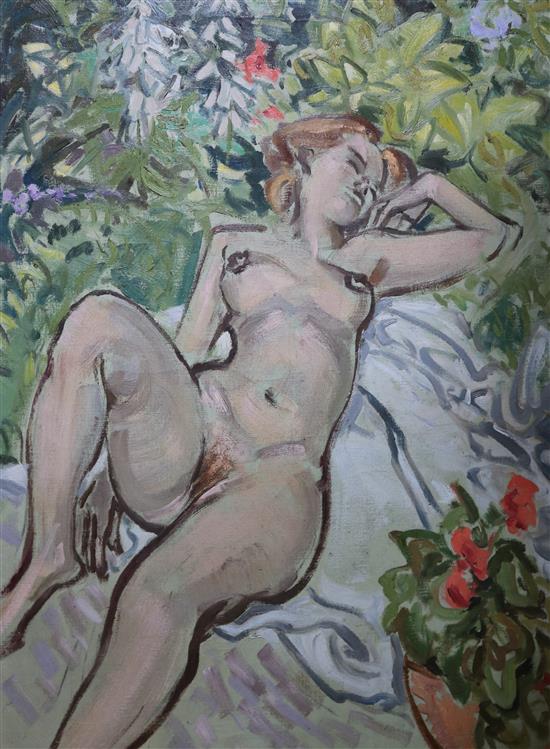 Gerald Meares (1911-1982) Nude sunbather in a garden 67 x 49cm.